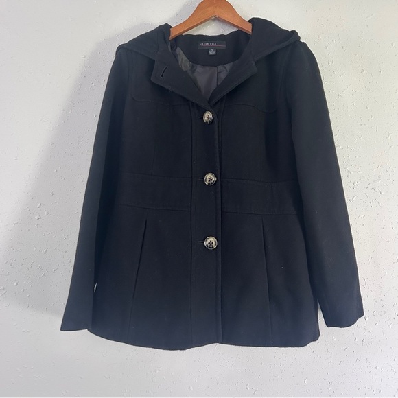 Jason Kole Black Hooded Pea Coat Classic Wool Blend Basic Fall Winter Medium - Picture 1 of 6
